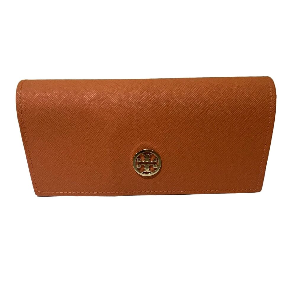 Tory Burch Eyeglass Sunglass Hard Case Orange Faux Leather Snap Closure 6 in